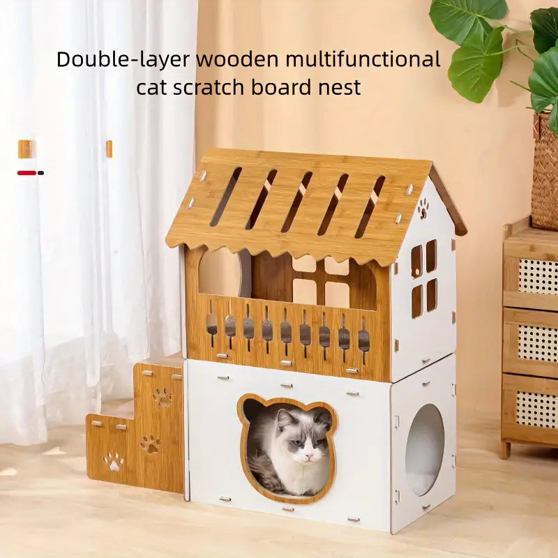 Villa-Style Cat Scratcher Cardboard House - Plaid Pattern TM