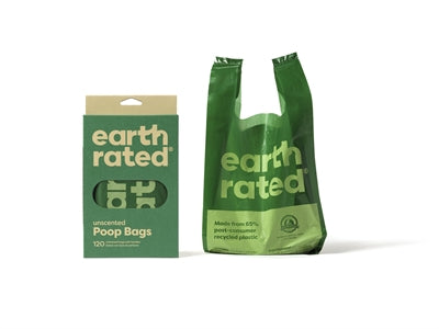 Earth rated poop bags with handles, odorless, recycled