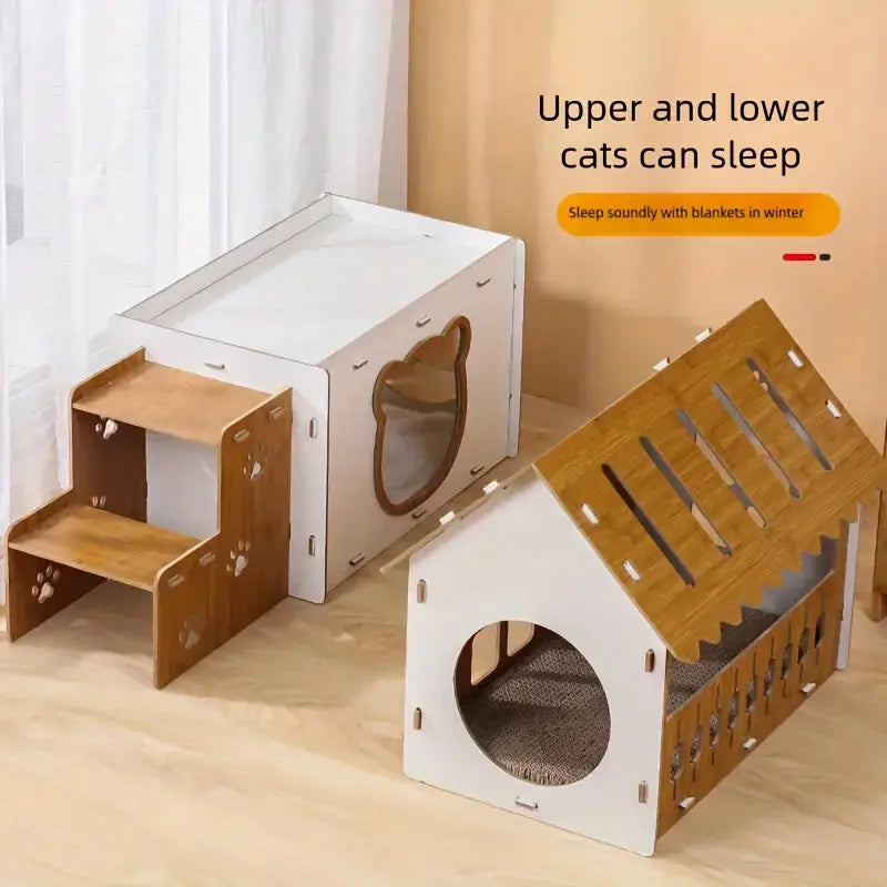 Villa-Style Cat Scratcher Cardboard House - Plaid Pattern TM