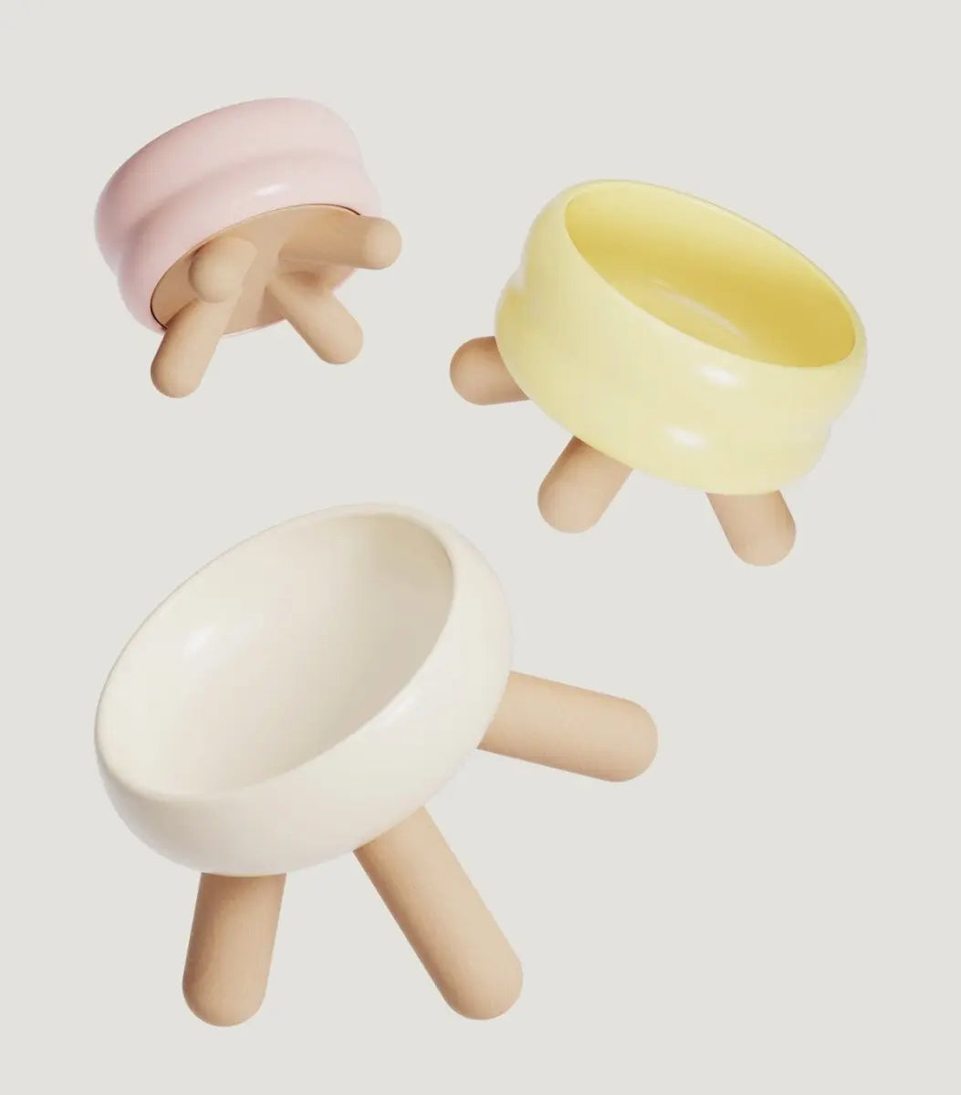 Gulu Elevated Ceramic Pet Food Bowl with Wooden Stand Meoof