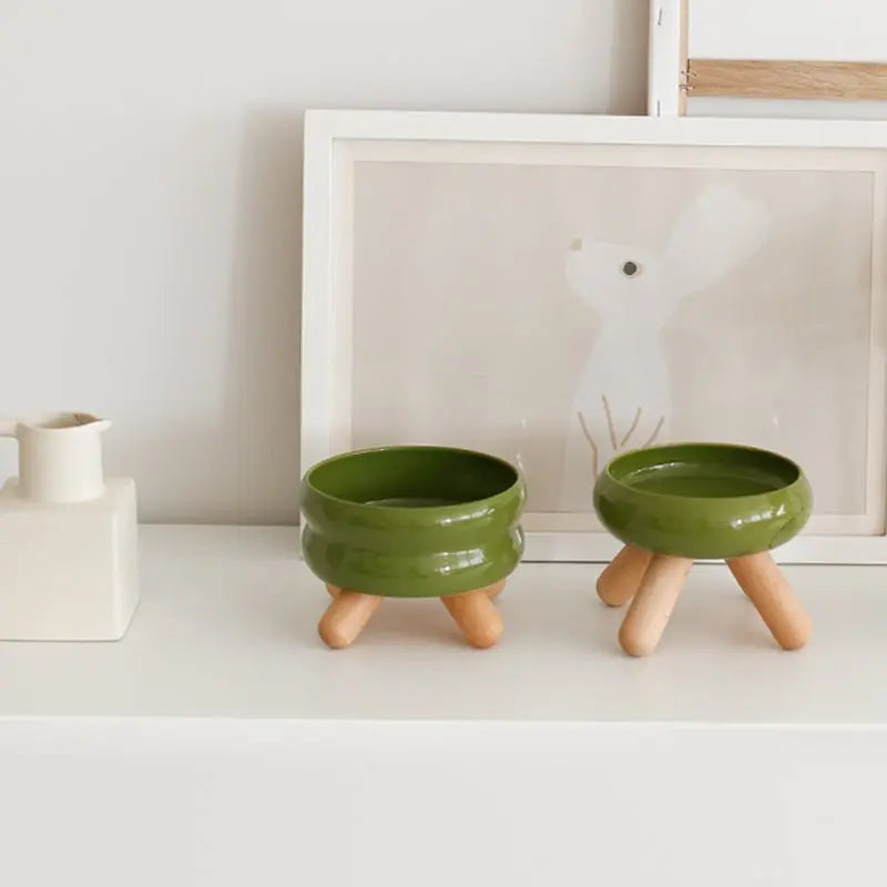 Gulu Elevated Ceramic Pet Food Bowl with Wooden Stand Meoof
