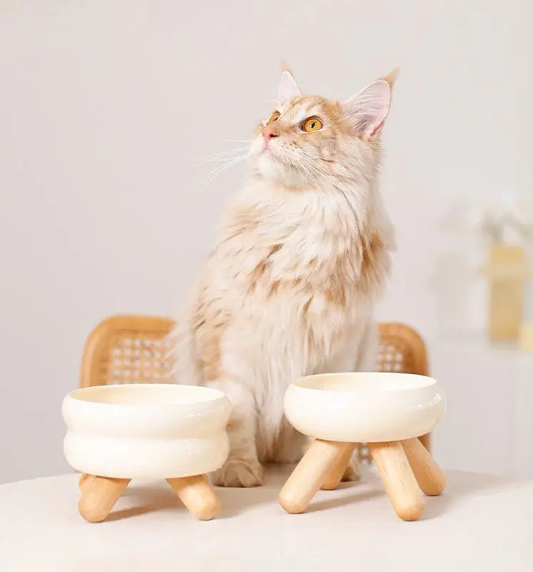 Gulu Elevated Ceramic Pet Water Bowl with Wooden Stand Meoof