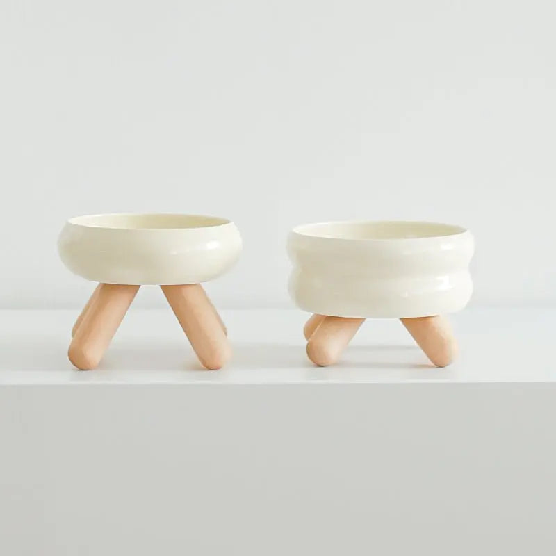 Gulu Elevated Ceramic Pet Water Bowl with Wooden Stand Meoof